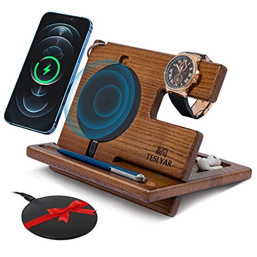 TESLYAR Gifts for Men Wood Phone Docking Station Gifts for him Stand Organizer Men Husband Wireless Charging Pad Slim Birthday Nightstand Purse Tablet Compatible with All Qi Devices