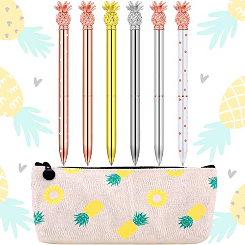 Outus 6 Pieces Pineapple Ballpoint Pens and Pineapple Pencil Pouch Bag for School Home Supplies