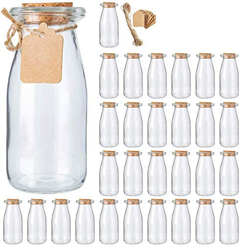 Brajttt 30Pcs Glass Favor Jar with Cork Lids，Pudding Jars with Cork Stopper,Glass Jars with Ice Cream,Glass Yogurt Bottle,Round Milk Glass Jars with Tags and Strings（200 ML,7OZ）