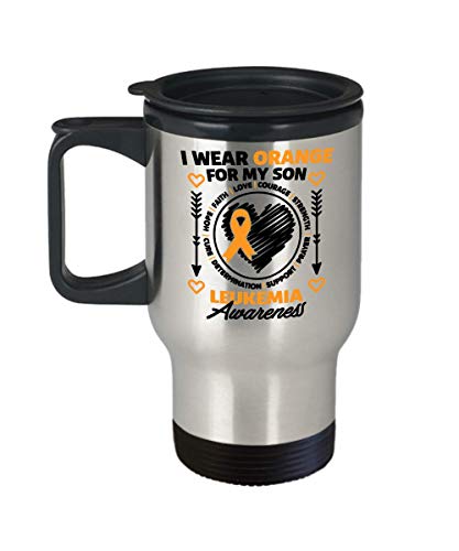 Leukemia Awareness Travel Coffee Mug, Funny Gift for Leukemia Awareness – I Wear Orange For My Son Leukemia Awareness Cancer, Fighter, Survivor, Bone Marrow Tumbler Novelty Gifts