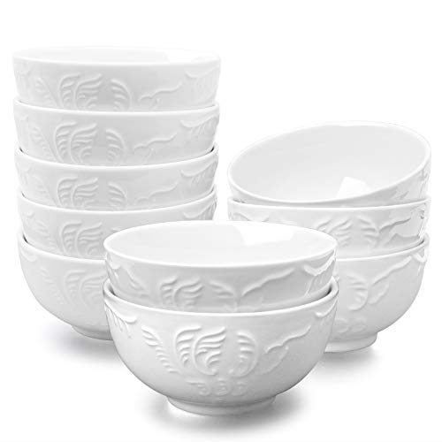 amhomel Cereal Bowls Set of 10 with Embossed Texture, Small Soup Bowls, 11 Ounce Porcelain Deep Bowls for Ice Cream Dessert and Condiment, Lead-Free, Dishwasher & Microwave Safe – White, 4.5 Inch