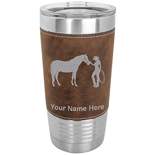 LaserGram 20oz Vacuum Insulated Tumbler Mug, Horse and Cowgirl, Personalized Engraving Included (Faux Leather, Rustic)