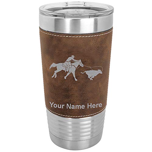LaserGram 20oz Vacuum Insulated Tumbler Mug, Cowgirl Roping a Calf, Personalized Engraving Included (Faux Leather, Rustic)