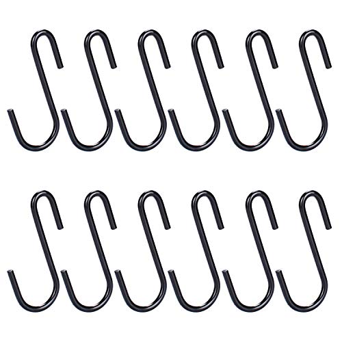 12 Pack 2.4″ Heavy Duty (22lbs Max) S Shaped Hooks Hanging Hangers Hooks for Kitchen, Bathroom, Bedroom and Office(Pan,Pot,Coat,Bag,Plants)(Black)