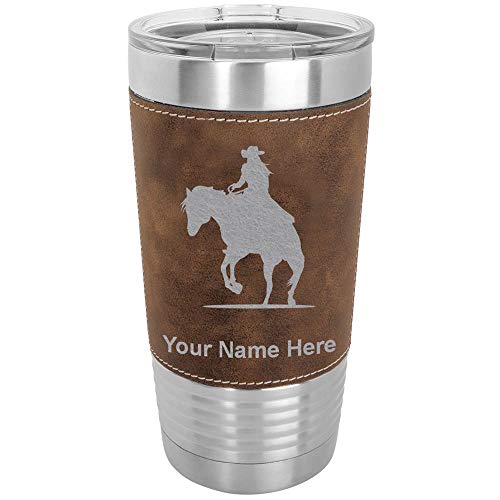 LaserGram 20oz Vacuum Insulated Tumbler Mug, Cowgirl Riding Horse, Personalized Engraving Included (Faux Leather, Rustic)