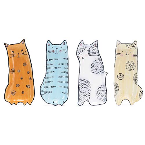 Bico Cartoon Cat Handcrafted Stoneware Ceramic 8 inch Appetizer Plates Set of 4, Assorted Color