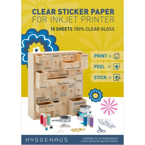 HYGGEHAUS Clear Sticker Paper for Inkjet Printer – Full Page Labels 8.5 x 11 in for Storage. Clear Printable Contact Paper for Craft and Home or Office DIY Labelling Projects. 10 Sheets