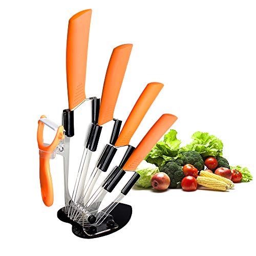 Ceramic Knife Set,Five Piece 6″ Chef Knife, 5″ Utility Knife, 4″ Fruit Knife, 3″ Paring Knife, 1” Vegetable Fruit Peeler, Rust Proof And Stain Resistant, Kitchen Chef Knife Sharp Set (Orange)