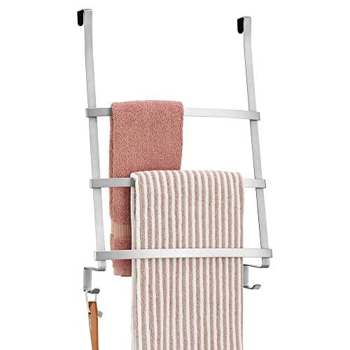 mDesign Modern Decorative Metal Over Shower Door Towel Rack Holder Organizer with Storage Hooks – for Bathroom Towels, Washcloths, Hand Towels, Loofahs and Sponges – Chrome