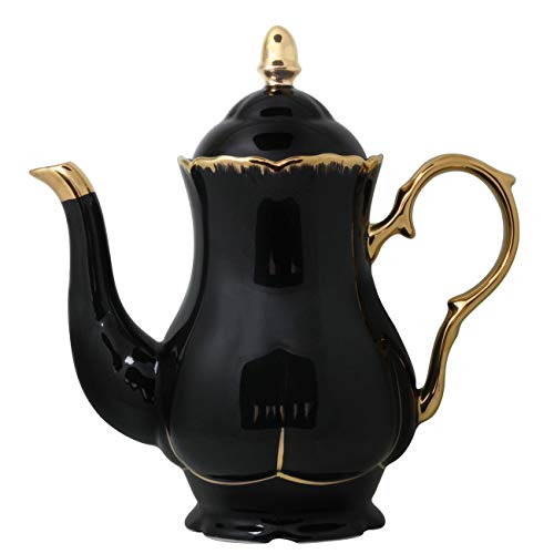 Jomop Ceramic Tea pot with Gold Trim Elegant Profile Decoration Extra Large Black Housewarming Gift for Tea Lovers 4-6 Cups (1, Black)