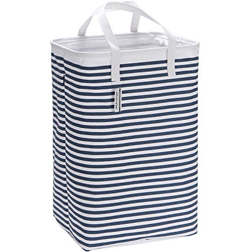 Sea Team 23.6″ Large Size Canvas Fabric Laundry Hamper Collapsible Rectangular Storage Basket with Waterproof Coating Inner and Handles, Navy Blue & White Stripe