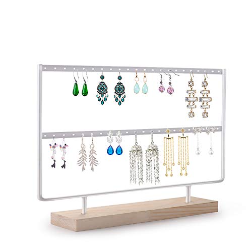 VERGILIUS Earrings Holder Organizer Jewelry Earring Holder Display Wood Stand(46 Holes 2 Layers) (White)