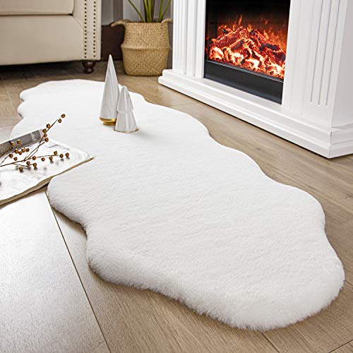 Ashler HOME DECO Ultra Soft Faux Rabbit Fur Rug, Area Rugs for Bedroom Floor Sofa Living Room, Carpet Accent Rugs White 2 x 6 Feet