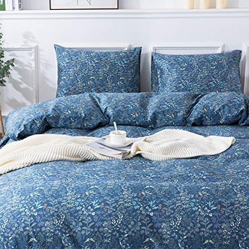 Luxury Flowers Duvet Cover Queen Floral Pattern Blueblack Duvet Cover Set Garden Style Bedding Comforter Cover Set with Zipper Closure-Luxury Quality Soft Durable Easy Care (3pcs, Queen/Full Size)