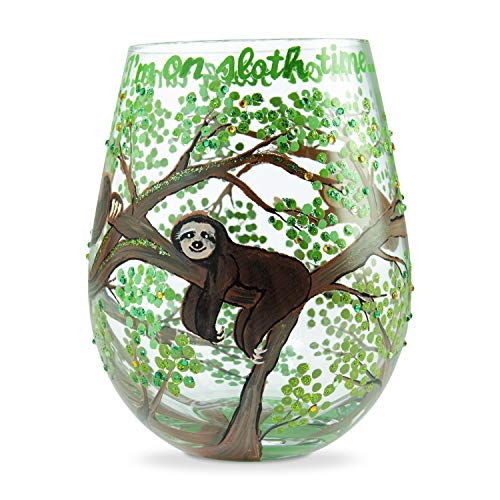 Enesco Designs by Lolita Sloth Time Hand-Painted Artisan Stemless Wine Glass, 1 Count (Pack of 1), Multicolor