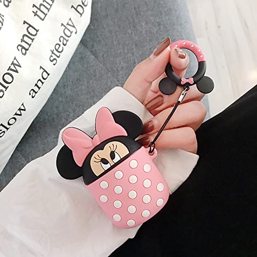 Ultra Thick Soft Silicone Pink Minnie Mouse Cup Case Finger Loop for Apple Airpods 1 2 1st 2nd Generation Disney Disneyland Protective 3D Cartoon Polka Dots Bow Cute Lovely Kawaii Fun Girls Teens