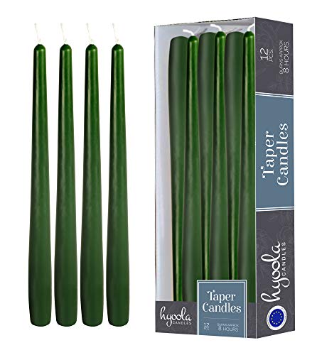Hyoola 12 Pack Tall Taper Candles – 10 Inch Hunter Green Dripless, Unscented Dinner Candle – Paraffin Wax with Cotton Wicks – 8 Hour Burn Time