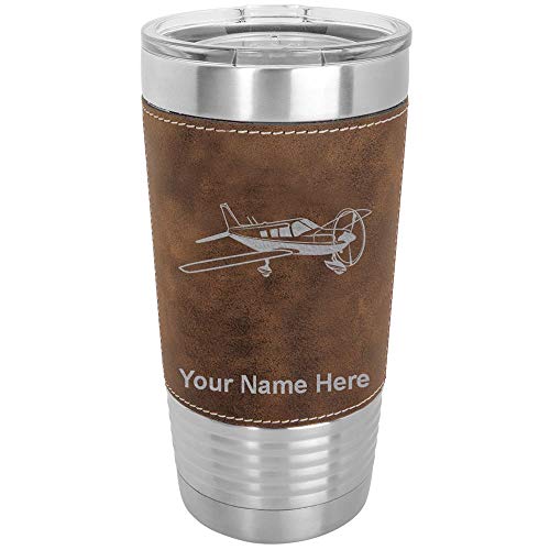 LaserGram 20oz Vacuum Insulated Tumbler Mug, Low Wing Airplane, Personalized Engraving Included (Faux Leather, Rustic)