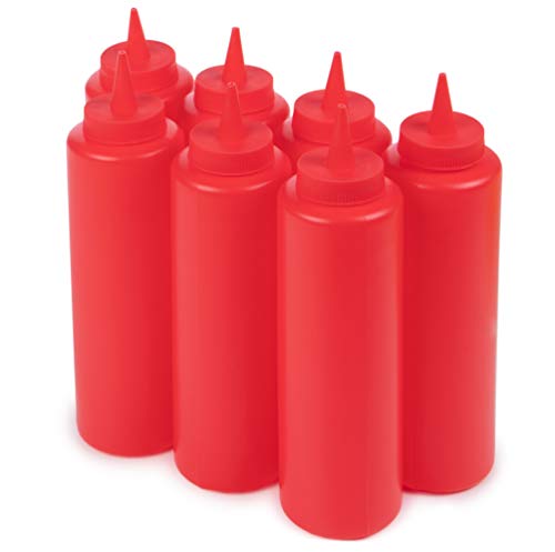 Red Ketchup Squeeze Bottle Value Combo Pack | 7-pack 16-oz Plastic Kitchen Table Condiment Squirt Dispensers | Restaurant Supplies for Food Truck, Grilling, Dressing, BBQ Sauce, Crafts