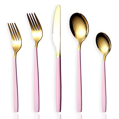 20 Piece Silverware Flatware Cutlery Set,Stainless Steel Utensils Service set for 4,Mirror Finish,Dishwasher Safe (Shining Golden Spoon and Matt Pink Handle)