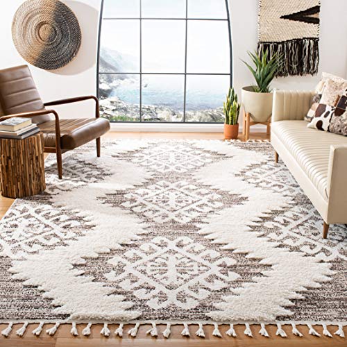 SAFAVIEH Moroccan Tassel Shag Collection 8′ x 10′ Ivory / Brown MTS652A Boho Non-Shedding Living Room Bedroom Dining Room Entryway Plush 2-inch Thick Area Rug