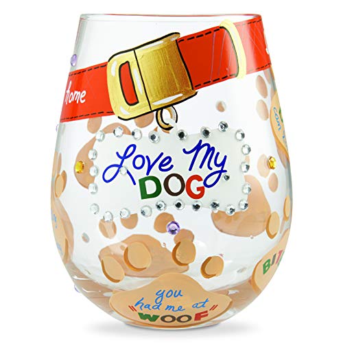 Enesco Designs by Lolita Love My Dog Hand-Painted Artisan Stemless Wine Glass, 1 Count (Pack of 1)
