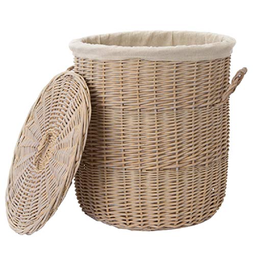 HQASH Wicker Laundry Basket, Brown Round Laundry Hamper Storage Basket with with Lid and Lining (Size : 3742cm)