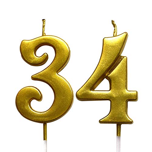 MAGJUCHE Gold 34th Birthday Numeral Candle, Number 34 Cake Topper Candles Party Decoration for Women or Men