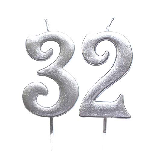 MAGJUCHE Silver 32nd Birthday Numeral Candle, Number 32 Cake Topper Candles Party Decoration for Women or Men