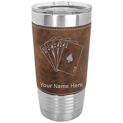 LaserGram 20oz Vacuum Insulated Tumbler Mug, Royal Flush Poker Cards, Personalized Engraving Included (Faux Leather, Rustic)