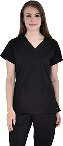 Marilyn Monroe Mock Neck Stretch Medical Scrub Top with Three Pockets and Pen Holder, Black, M