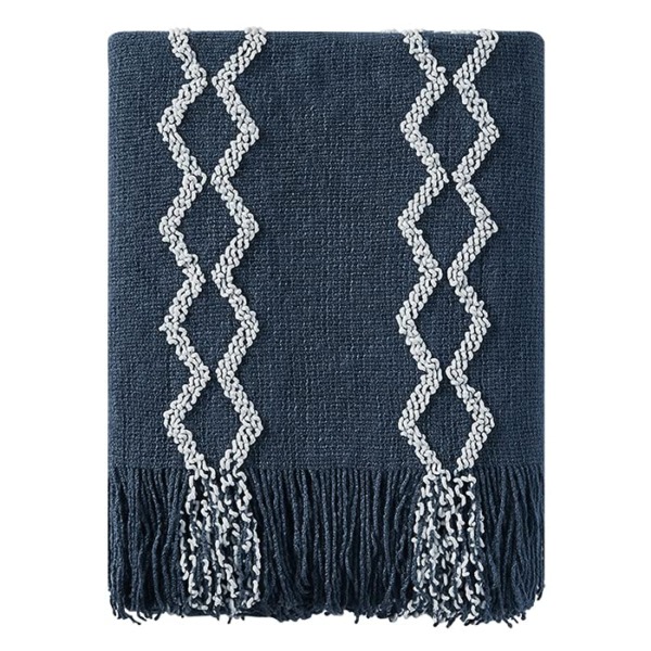 BOURINA Fluffy Chenille Knitted Fringe Throw Blanket Lightweight Soft Cozy for Bed Sofa Chair Throw Blankets, Navy 50″ x 60″