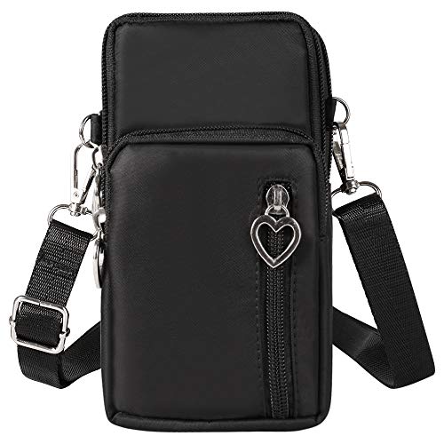 Women Zip Oxford Cellphone Crossbody Bag Wrist Pouch Carrying Case Purse For Samsung Galaxy S10 / S10e / S10 Plus / S9 / S8 Active/Galaxy Fold/Note 9 / Note 8 / A6 / A4+ / J7 Prime 3 (Black)
