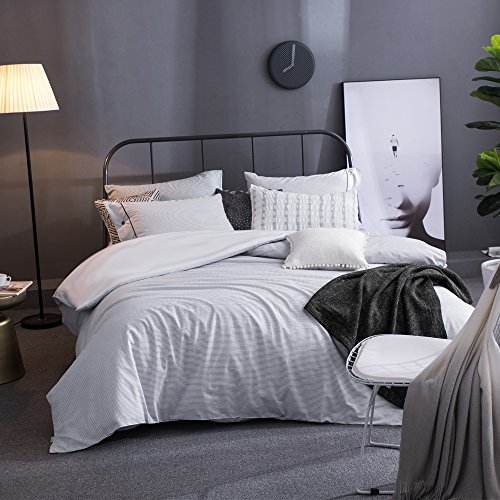 Merryfeel Cotton Duvet Cover Set Queen Size,100% Cotton Yarn Dyed Stripe Duvet Cover Set,3 Pieces White Duvet Cover with Grey Stripes Pattern, Queen, Sliver Grey