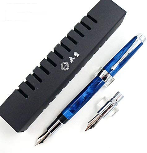 Lanxivi Yongsheng Fountain Pen Fine Nib Blue Celluloid + Additional Nib Part (Extra or Medium Nib) Chrome Trim Gift Set