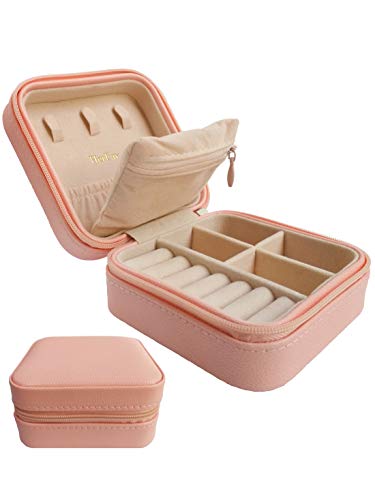 HerFav Travel Jewelry Organizer, Small Jewelry Box Mini Portable Jewelry Case for Rings Earrings & Necklace for Women Girls (Pink)