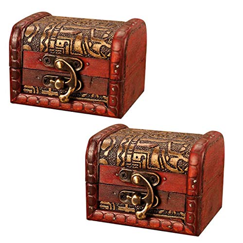OBTANIM Vintage Small Jewelry Boxes, 3 Inch Handmade Wooden Storage Box with Metal Lock Treasure Organizer Gift Box, Set of 2