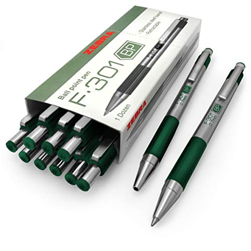Zebra F-301 – Stainless Steel Retractable Ballpoint Pen – 0.7mm Medium – BLUE Ink – Green Barrel – Pack of 12