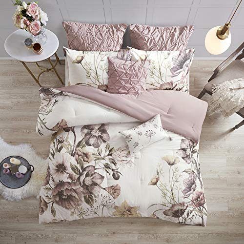 Madison Park Cassandra 100% Cotton Comforter Set – Feminine Design Colorful Floral Print, All Season Down Alternative Bedding Layer And Matching Shams, Queen, Blush 8 Piece