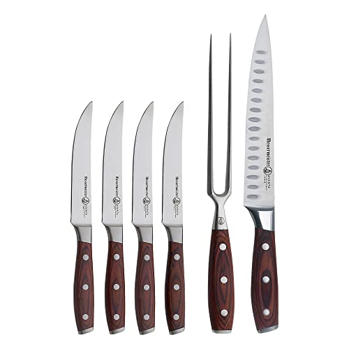 Messermeister Avanta Variety Set – Includes 4 Fine-Edge Steak Knives + Kullenschliff Carving Set with Knife & Fork – German X50 Stainless Steel – Rust Resistant & Easy to Maintain – 6 Pieces Total