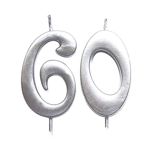 MAGJUCHE Silver 60th Birthday Numeral Candle, Number 60 Cake Topper Candles Party Decoration for Women or Men