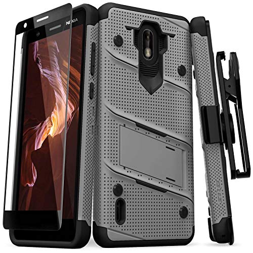 ZIZO Bolt Series Nokia 3.1 C Case Military Grade Drop Tested with Full Glass Screen Protector Holster and Kickstand Metal Gray