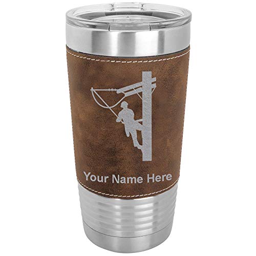 LaserGram 20oz Vacuum Insulated Tumbler Mug, Lineman, Personalized Engraving Included (Faux Leather, Rustic)