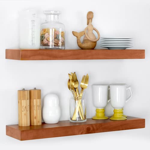 Homeforia Rustic Farmhouse Floating Shelves – Bathroom Wooden Shelves for Wall Mounted – Thick Industrial Kitchen Wood Shelf – 24 x 6.5 x 1.75 inch – Set of 2 – Honey Oak Color