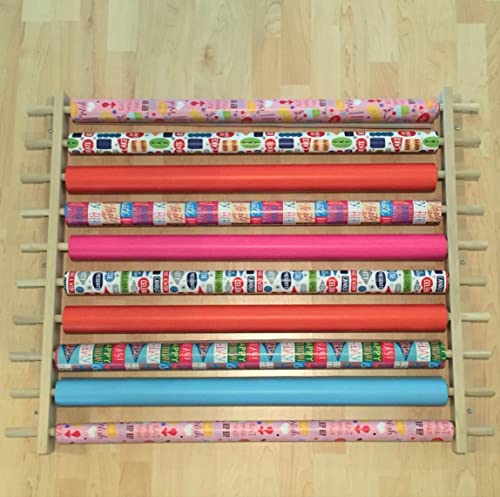 Storage Station, Organizer, Dispensing Rack for Gift Wrapping Paper, Ribbons, Cellophane, Vinyl Rolls, Paper & Other Arts & Crafts Items. Holds 10 Rows. Adjustable Width. Easy Wall Mount. Hardware Included.