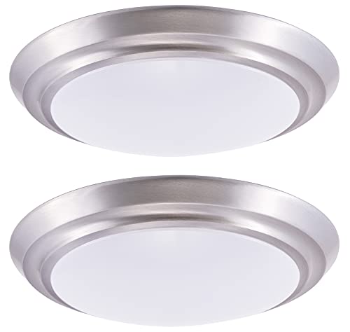 GRUENLICH LED Flush Mount Ceiling Lighting Fixture, 11 Inch Dimmable 22W, 1400 Lumen, Aluminum Housing, ETL and Damp Location Rated, 2-Pack, Nickel Finish-5000K