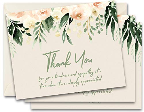 Funeral Thank You Cards – Sympathy Bereavement Thank You Cards With Envelopes – Message Inside (50, Sage Floral)