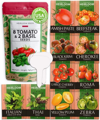 Heirloom Tomato Seeds for Planting (10pk) w/Basil Seeds | 100% Non-GMO Tomatoes: Cherry, Roma, Beefsteak, Zebra, Yellow Plum, Amish Paste, Cherokee, Krim, Italian Basil, Thai Basil Seed