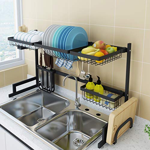 COVAODQ Dish Drying Rack Over Sink, Drainer Shelf for Kitchen Drying Rack Organizer Supplies Storage Counter Kitchen Space Saver Utensils Holder Stainless Steel (Sink Size≤32 1/2 Inch, Black)