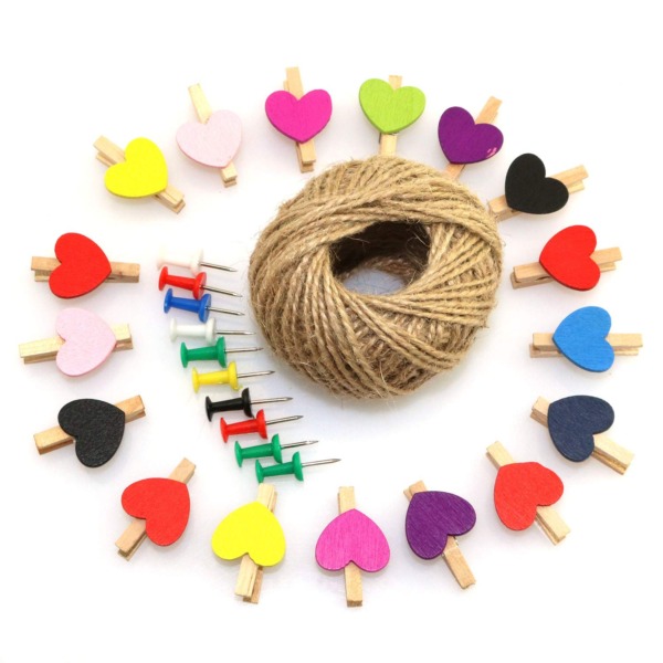 RuiLing Photo Craft Decoration Clips Set – 50pcs Colorful Mini Heart Love Wooden Clothespin + 10pcs Thumbtack + 1 Roll Hemp Rope